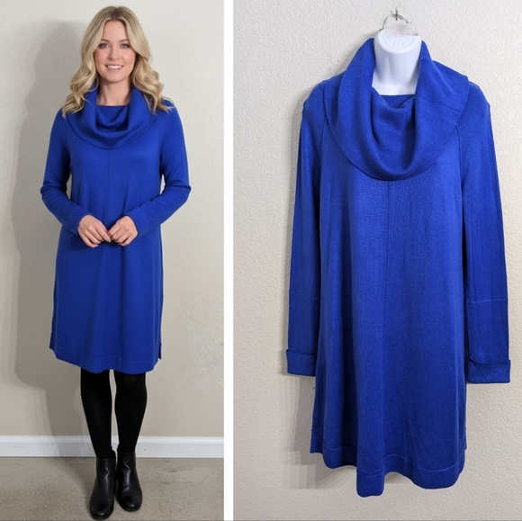 Vince Camuto Royal Blue Sweater Dress Knee Length Long Sleeve Cowl Neck S - Picture 1 of 8